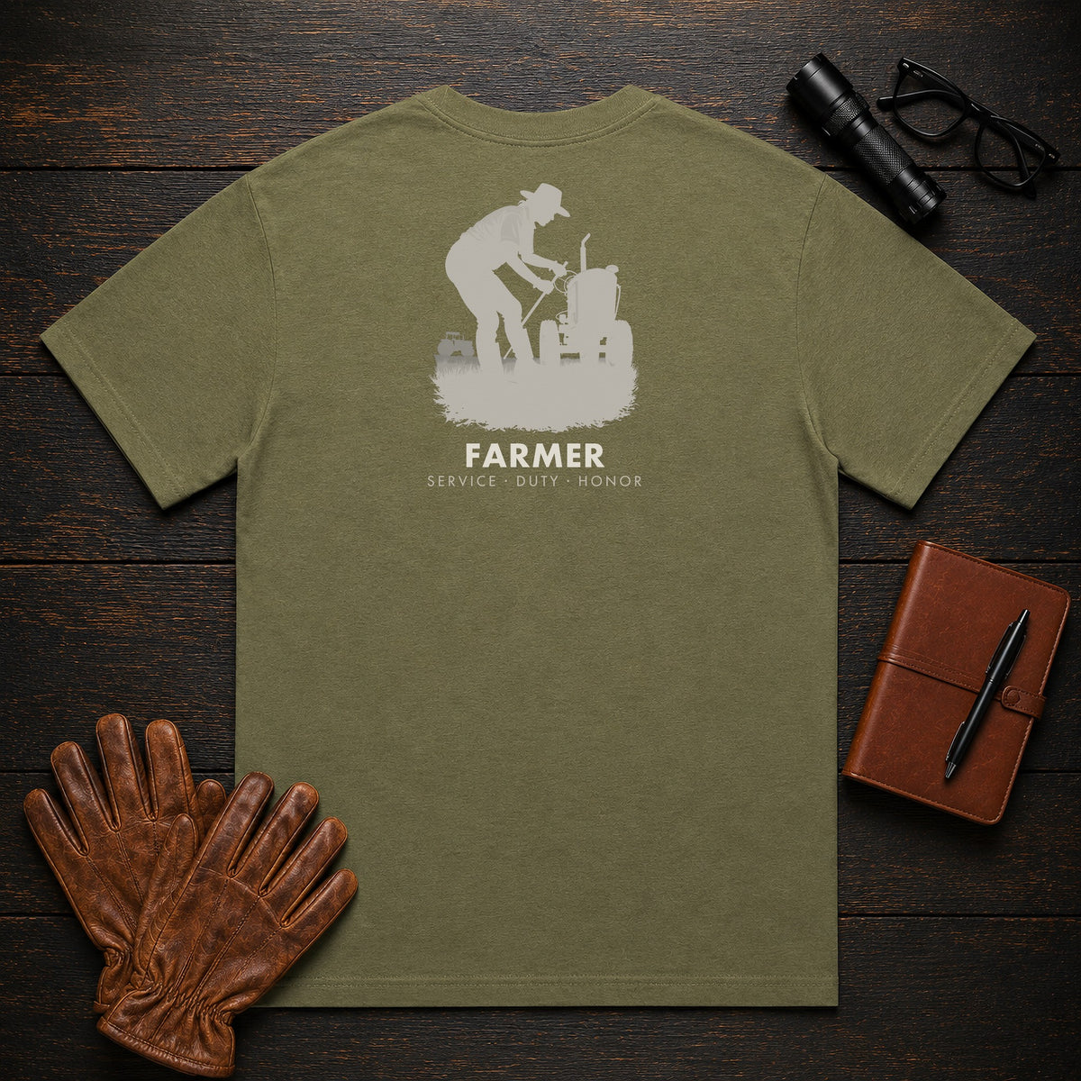 Farmer t-shirt in Hemp, Checking the Tractor (Female)