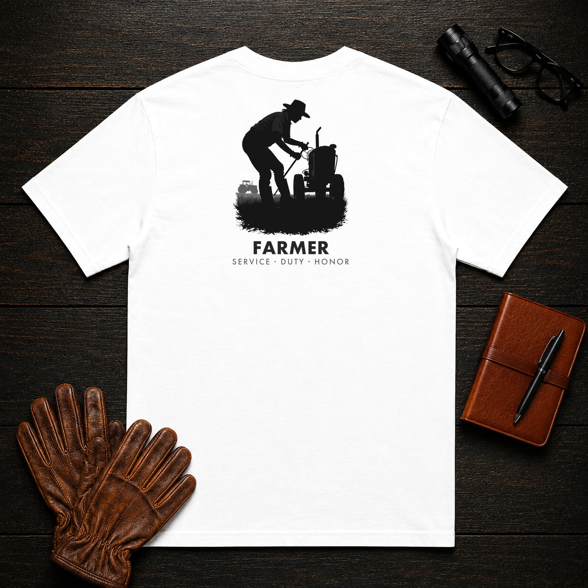 Farmer t-shirt in White, Checking the Tractor (Female)