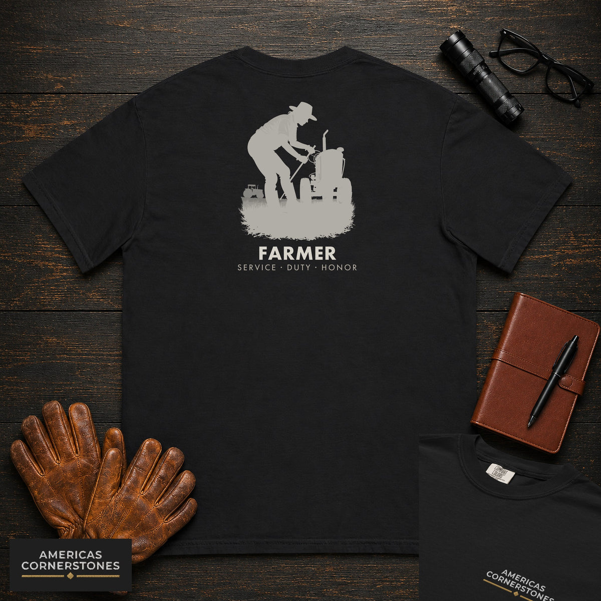 Farmer embroidered t-shirt in Black, Checking the Tractor (Female)