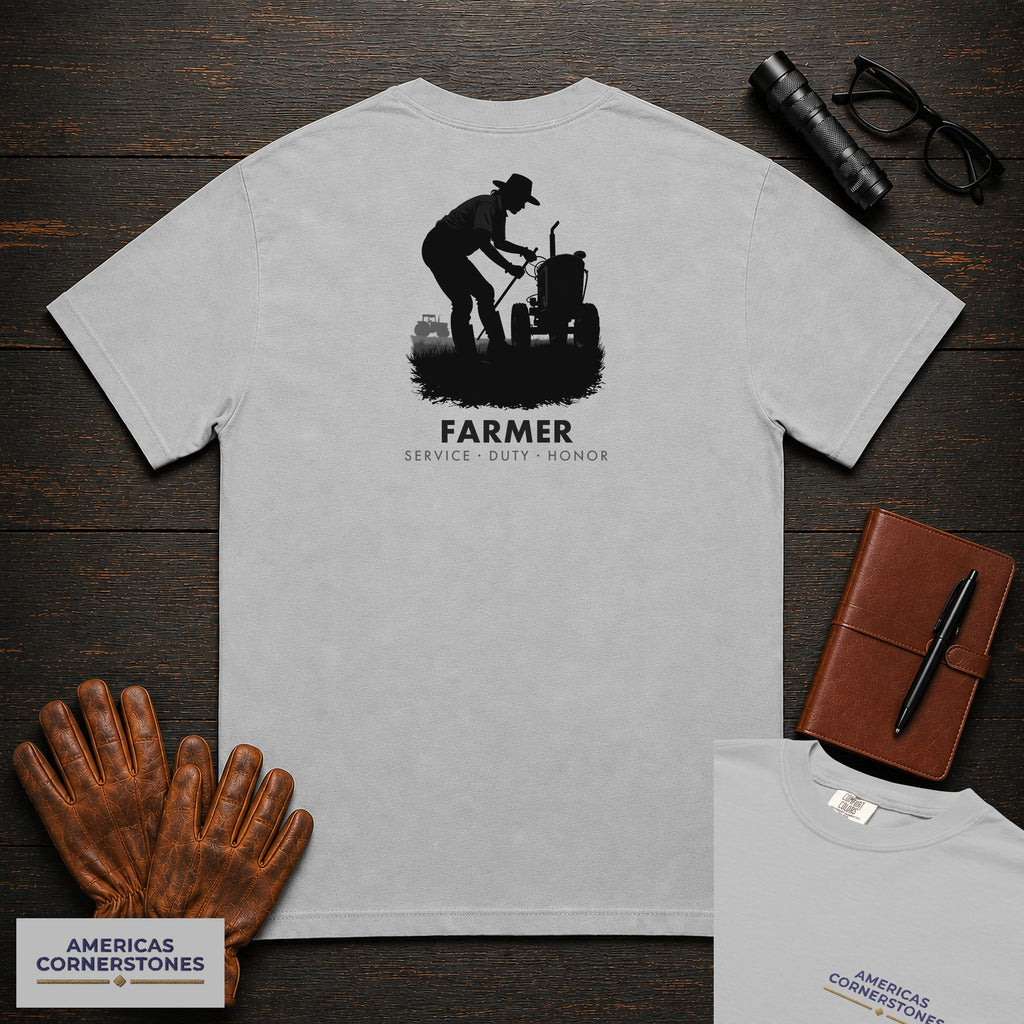 Farmer embroidered t-shirt in Granite, Checking the Tractor (Female)