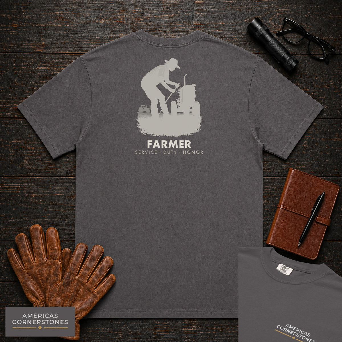 Farmer embroidered t-shirt in Graphite, Checking the Tractor (Female)