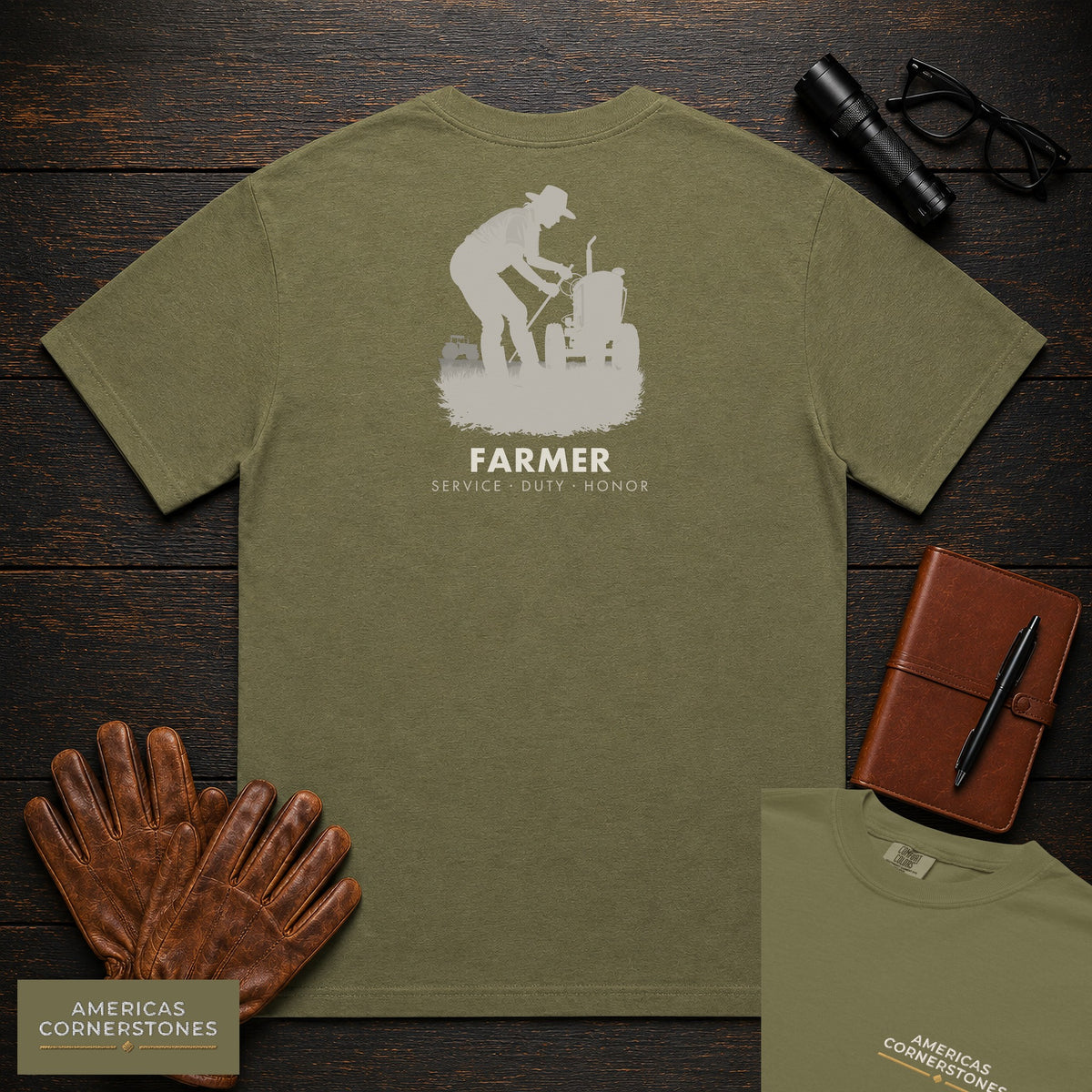 Farmer embroidered t-shirt in Hemp, Checking the Tractor (Female)