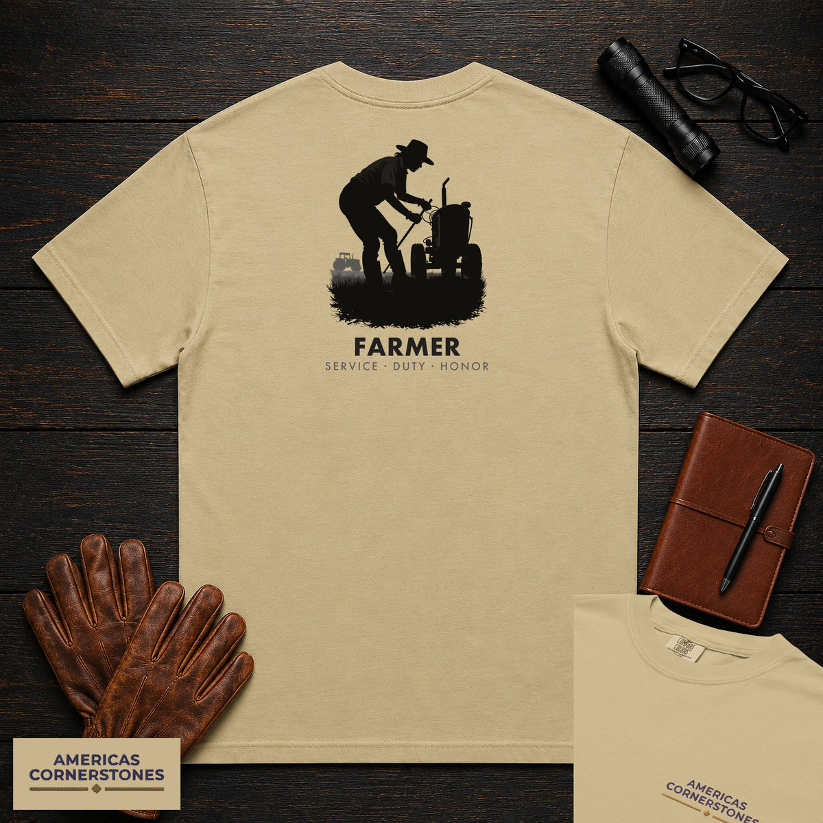 Farmer embroidered t-shirt in Khaki, Checking the Tractor (Female)