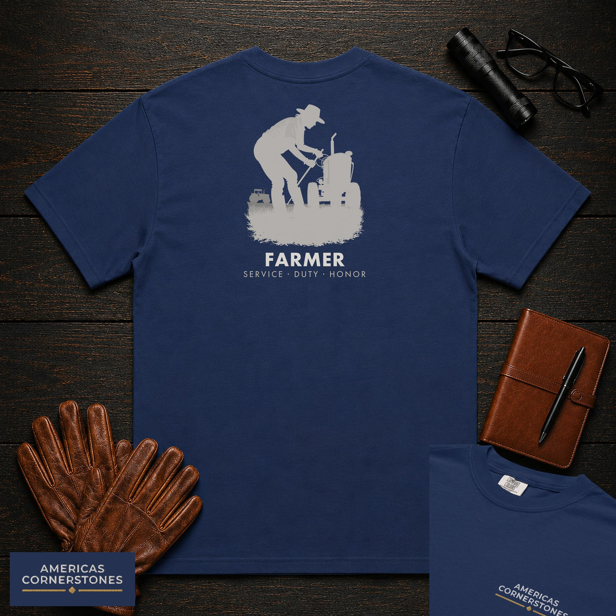 Farmer embroidered t-shirt in True Navy, Checking the Tractor (Female)