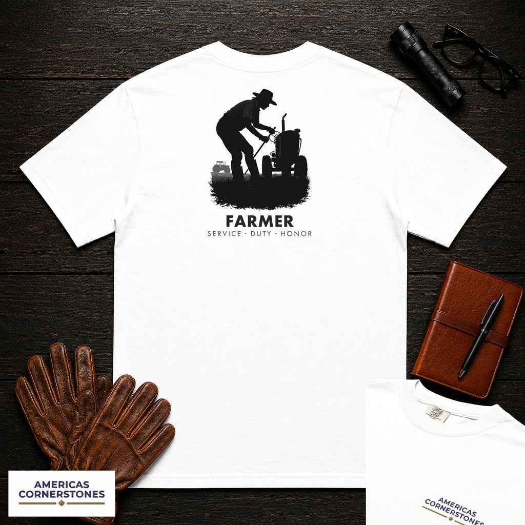 Farmer embroidered t-shirt in White, Checking the Tractor (Female)