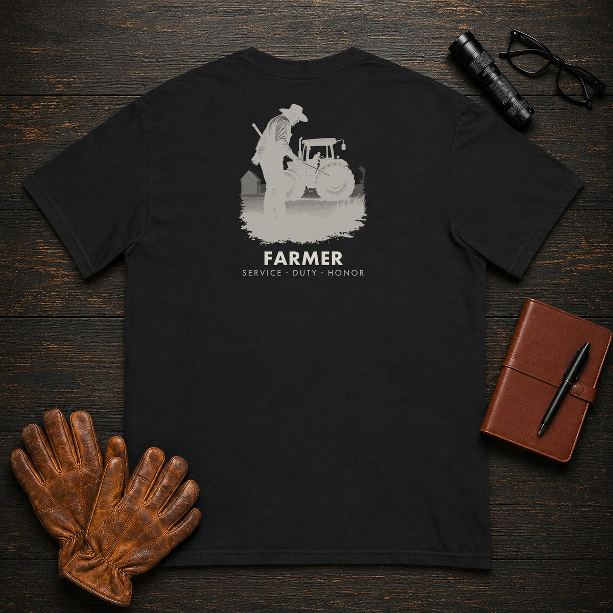 Farmer t-shirt in Black, Checking the Tractor (Male)