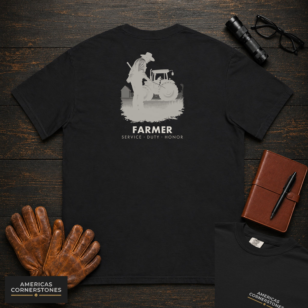 Farmer embroidered t-shirt in Black, Checking the Tractor (Male)