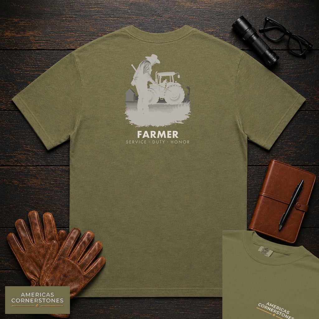 Farmer embroidered t-shirt in Hemp, Checking the Tractor (Male)
