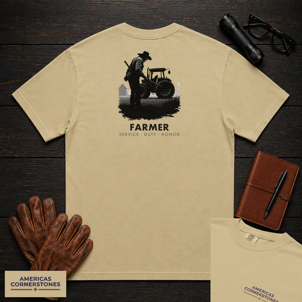 Farmer embroidered t-shirt in Khaki, Checking the Tractor (Male)