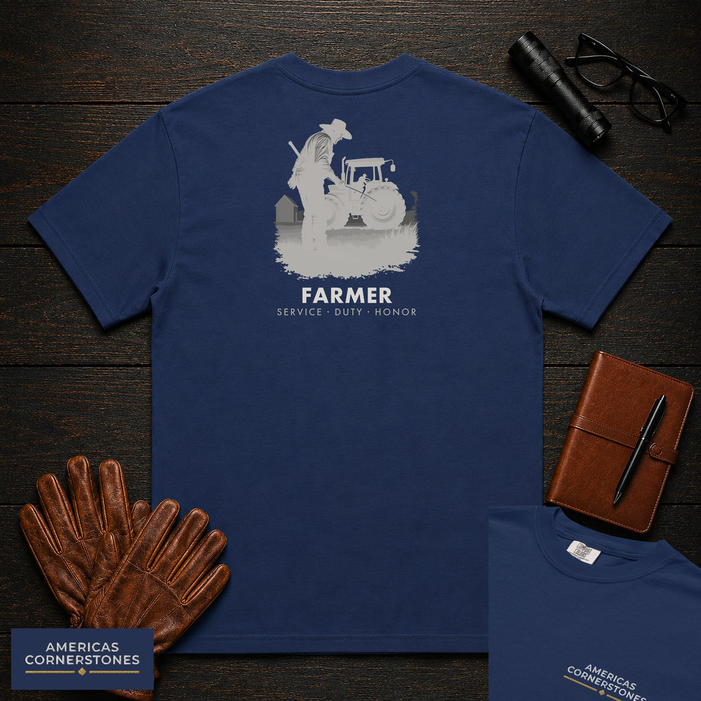 Farmer embroidered t-shirt in True Navy, Checking the Tractor (Male)