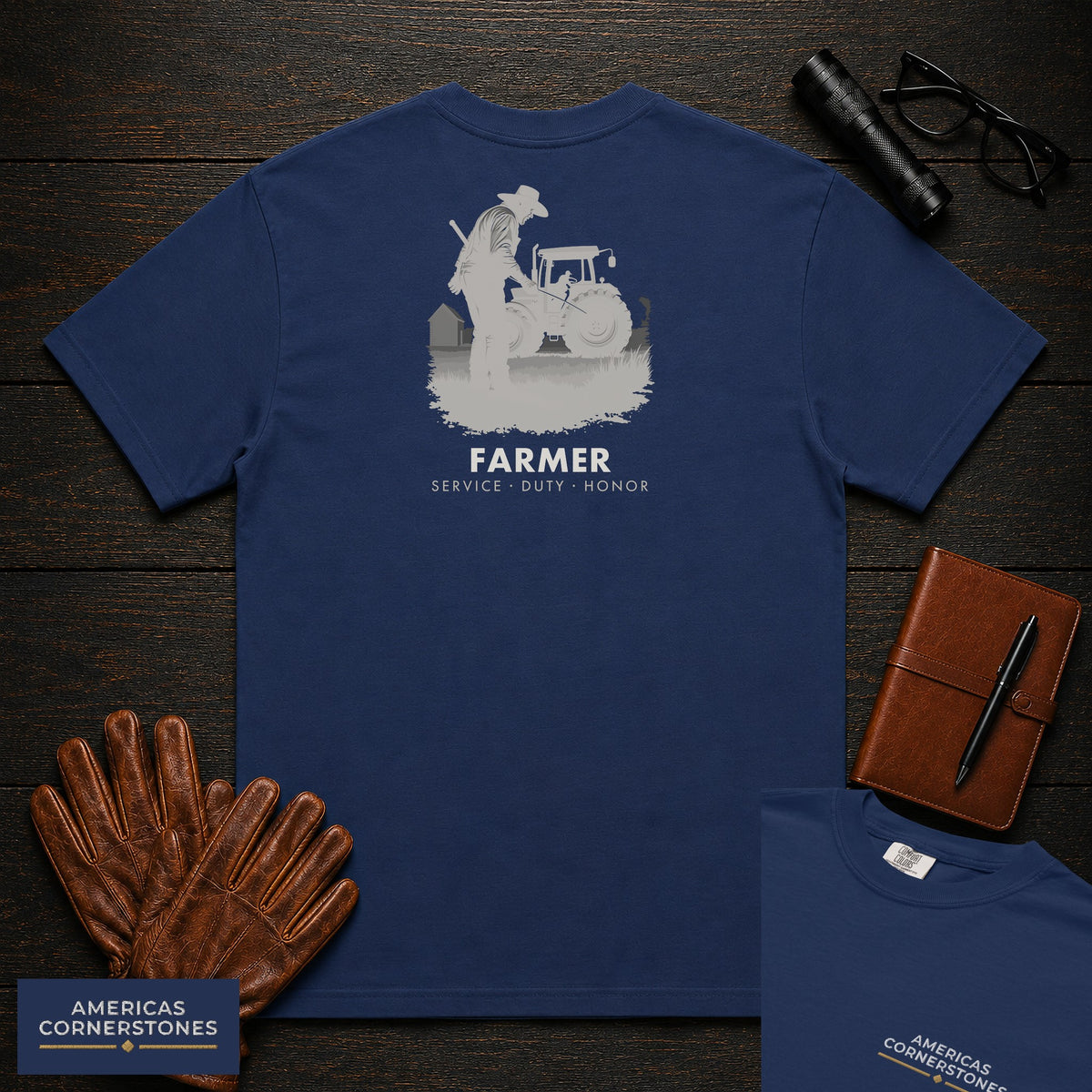 Farmer embroidered t-shirt in True Navy, Checking the Tractor (Male)