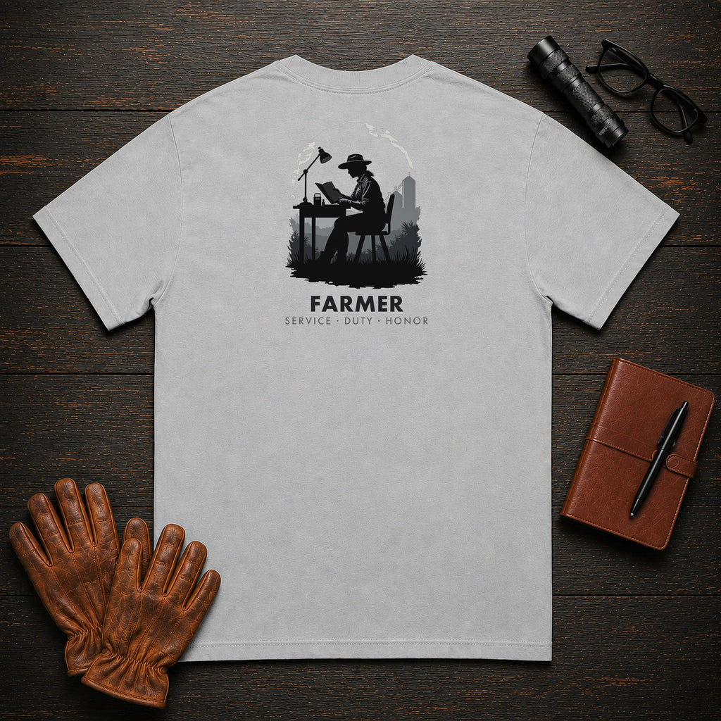Farmer t-shirt in Granite, Reviewing the Ledger (Female)