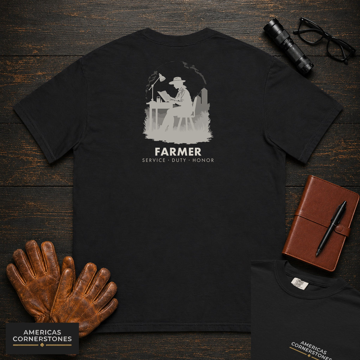 Farmer embroidered t-shirt in Black, Reviewing the Ledger (Female)