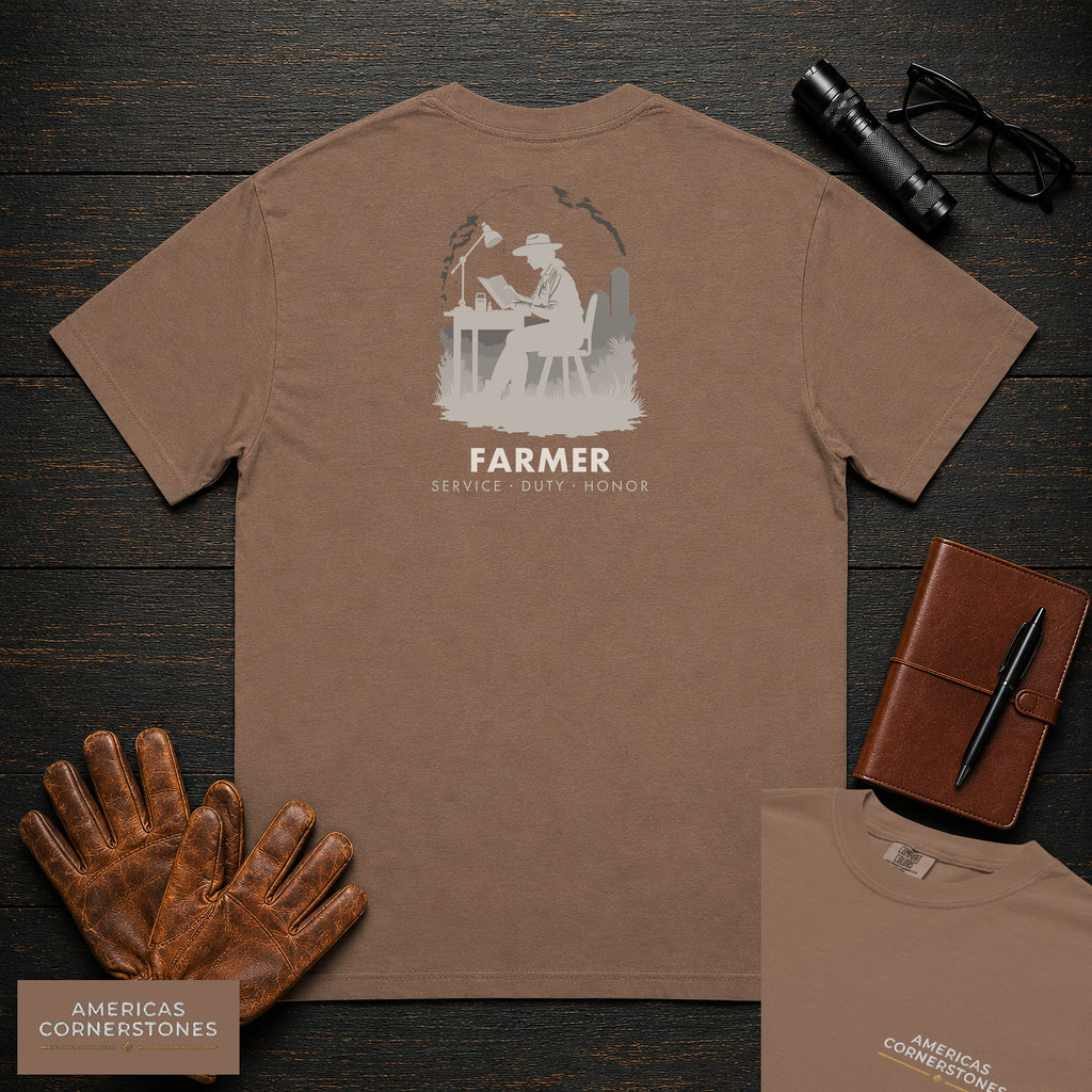 Farmer embroidered t-shirt in Espresso, Reviewing the Ledger (Female)