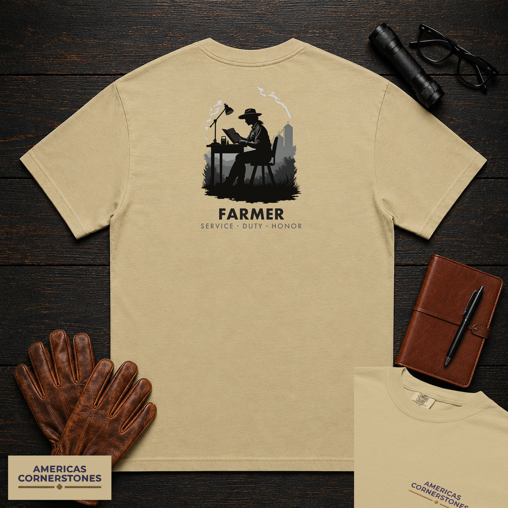 Farmer embroidered t-shirt in Khaki, Reviewing the Ledger (Female)