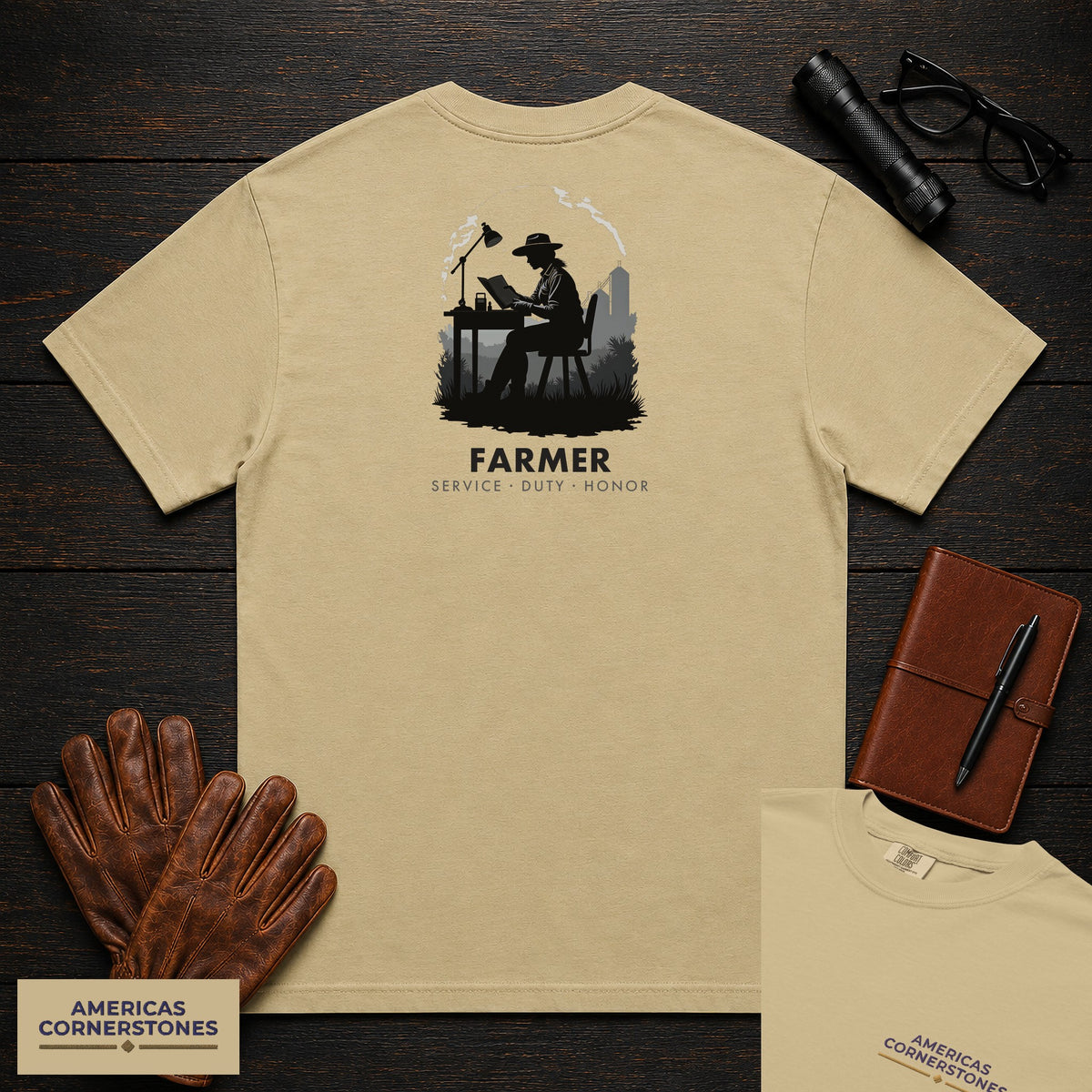Farmer embroidered t-shirt in Khaki, Reviewing the Ledger (Female)