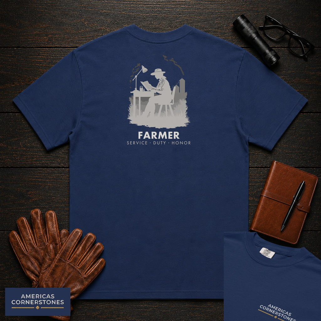 Farmer embroidered t-shirt in True Navy, Reviewing the Ledger (Female)