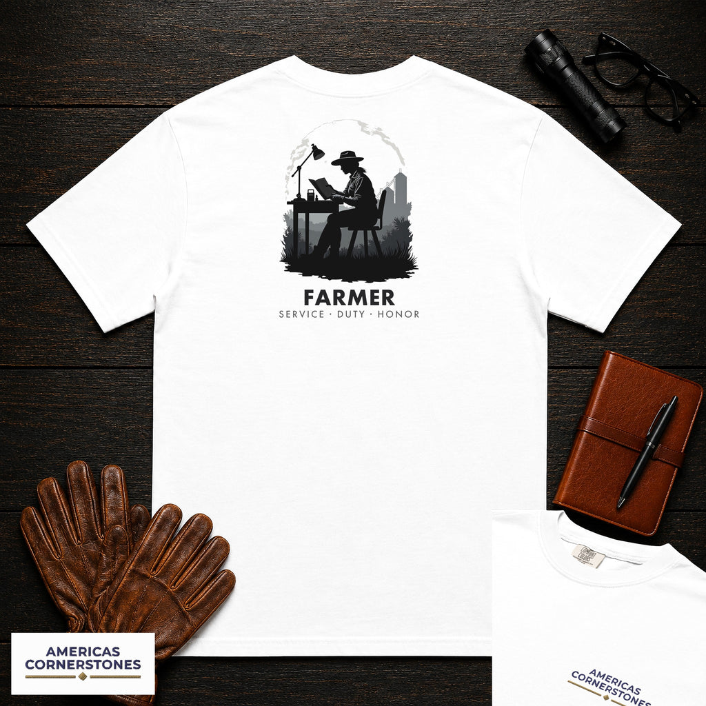 Farmer embroidered t-shirt in White, Reviewing the Ledger (Female)