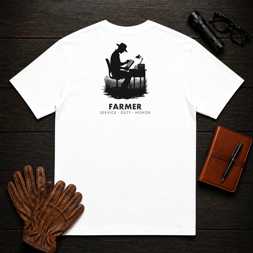 Farmer t-shirt in White, Reviewing the Ledger (Male)