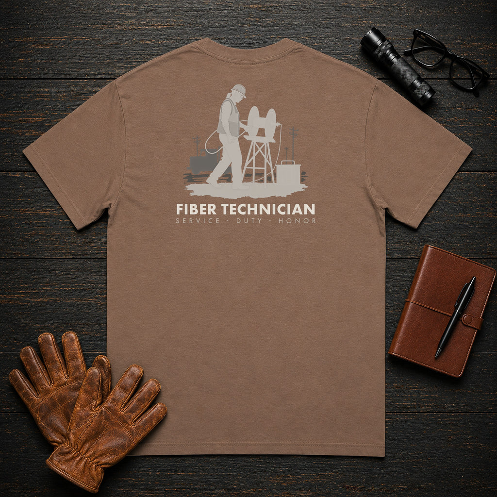 Fiber Technician T-Shirt | Standard Back Print | Pulling the Cable (Female) — Espresso