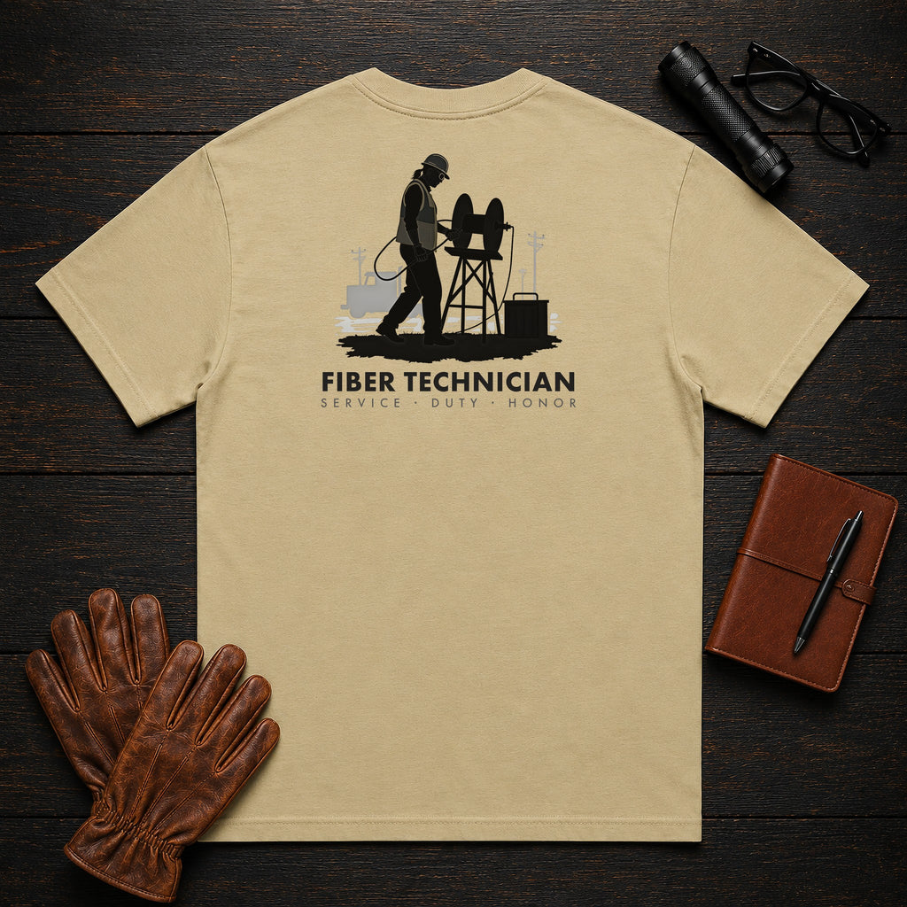 Fiber Technician T-Shirt | Standard Back Print | Pulling the Cable (Female) — Khaki