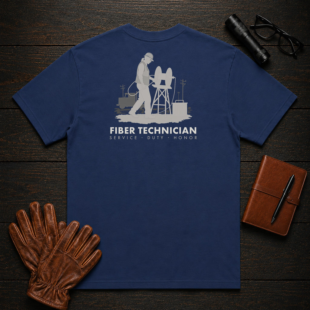 Fiber Technician T-Shirt | Standard Back Print | Pulling the Cable (Female) — True Navy