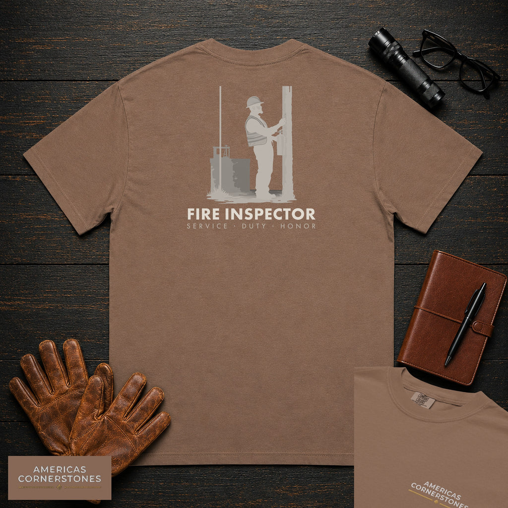Fire Inspector T-Shirt | Statement Embroidered Front + Back Print | Extinguisher Check (Male) — Espresso