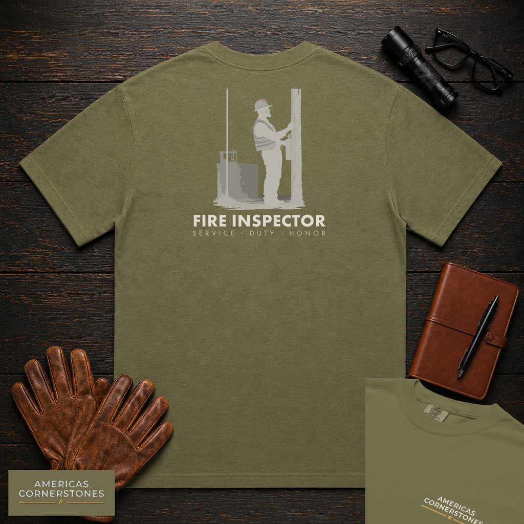 Fire Inspector T-Shirt | Statement Embroidered Front + Back Print | Extinguisher Check (Male) — Hemp