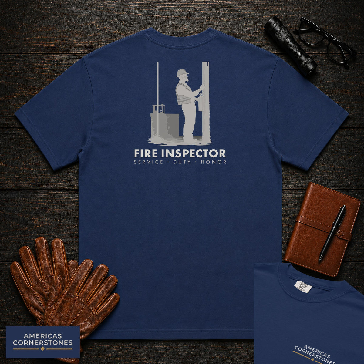 Fire Inspector T-Shirt | Statement Embroidered Front + Back Print | Extinguisher Check (Male) — True Navy