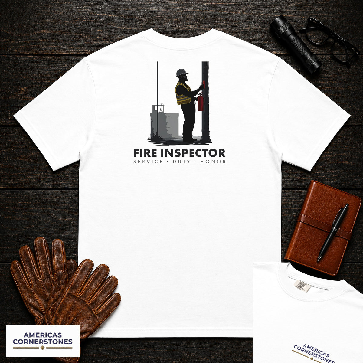 Fire Inspector T-Shirt | Statement Embroidered Front + Back Print | Extinguisher Check (Male) — White