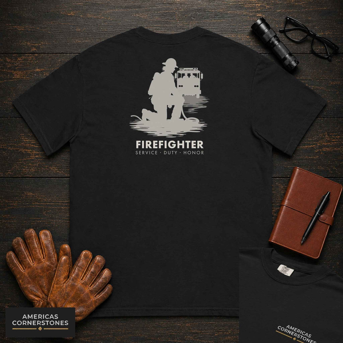 Firefighter T-Shirt | Statement Embroidered Front + Back Print | Hose Roll (Female)