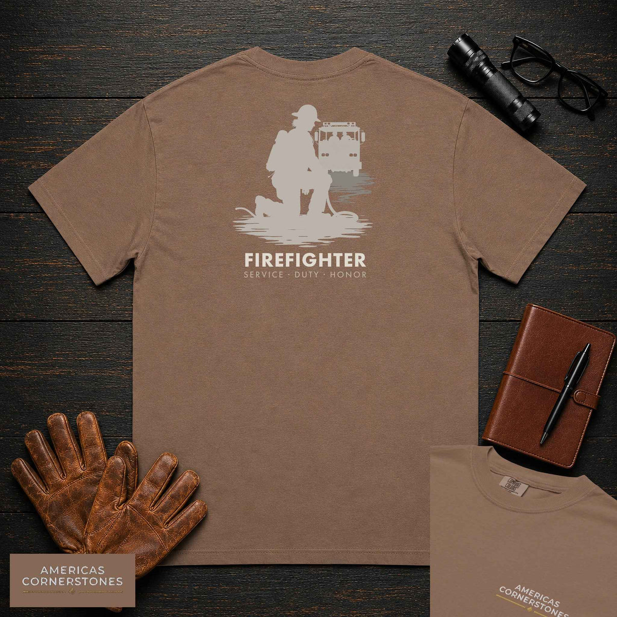 Firefighter T-Shirt | Statement Embroidered Front + Back Print | Hose Roll (Female)
