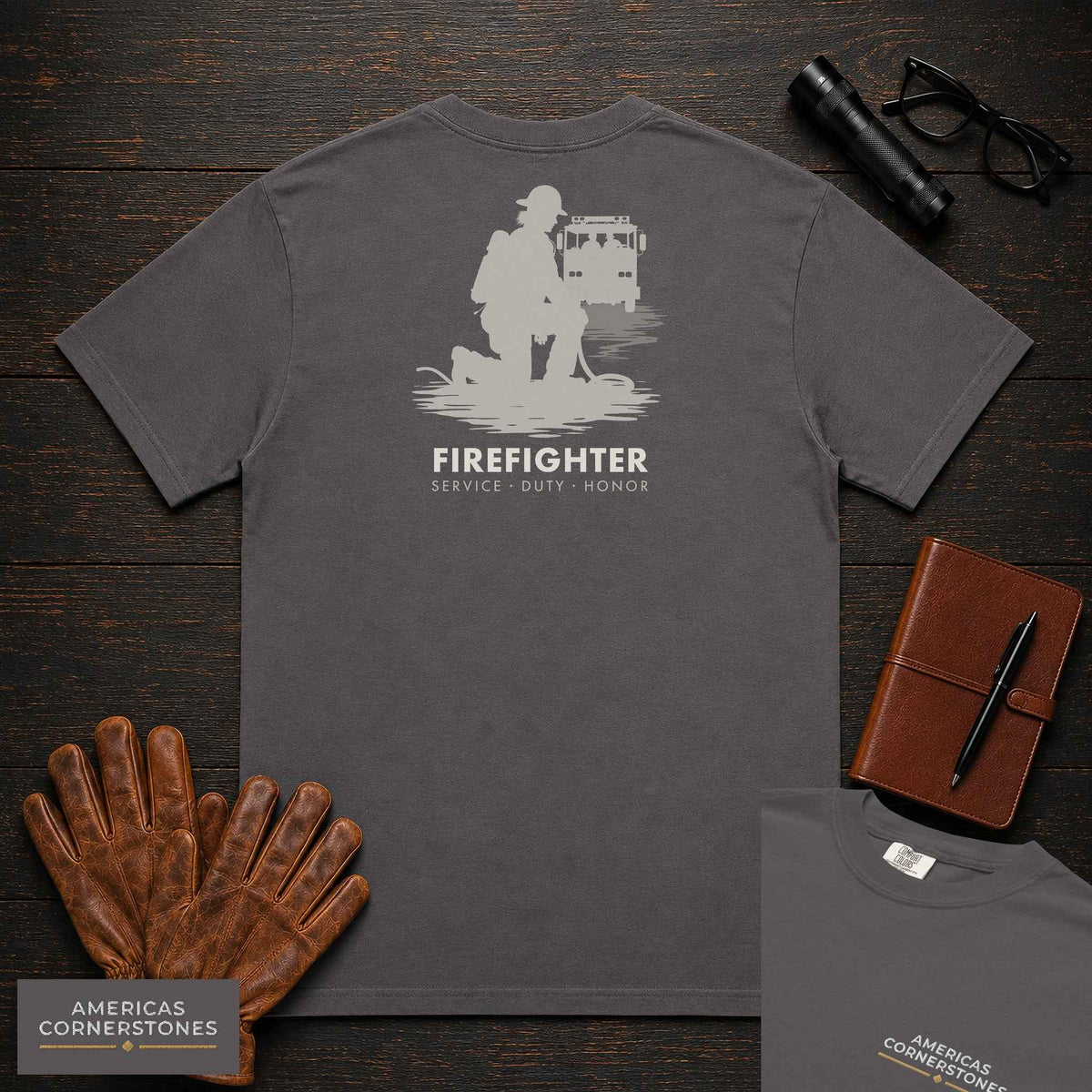 Firefighter T-Shirt | Statement Embroidered Front + Back Print | Hose Roll (Female)
