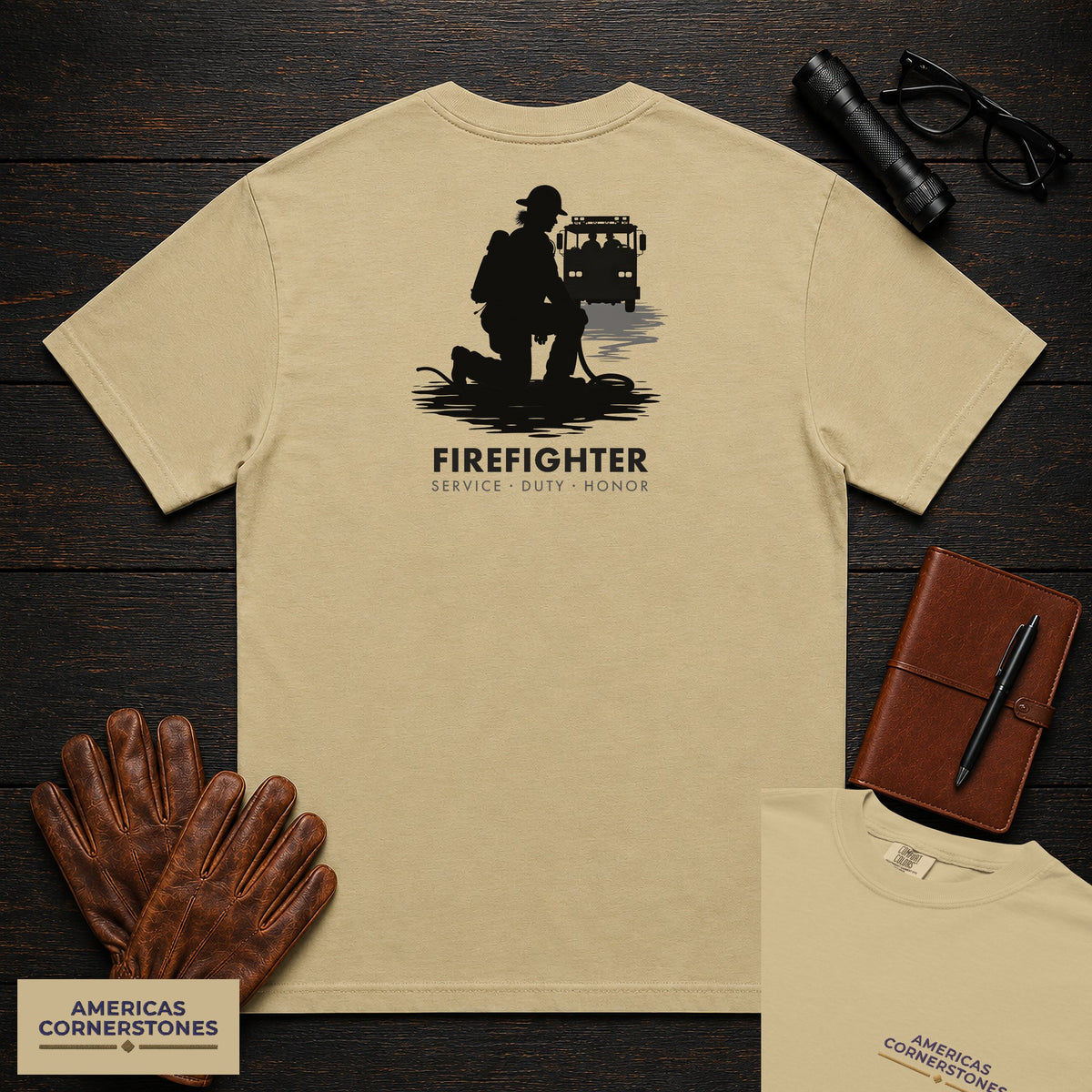 Firefighter embroidered t-shirt in Khaki, Hose Roll (Female)