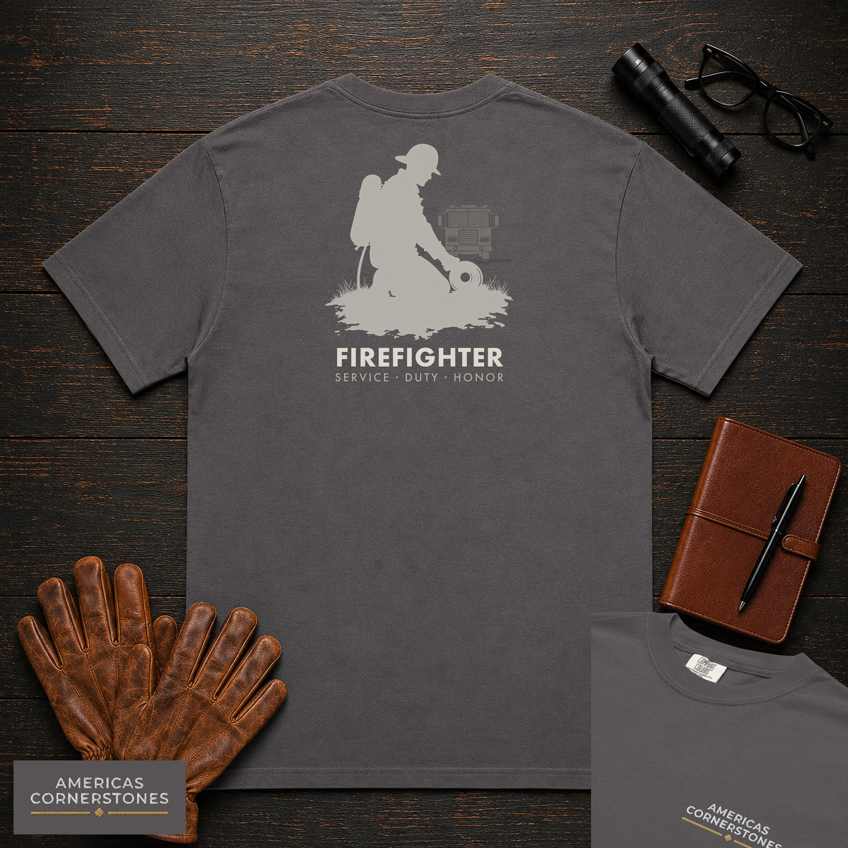 Firefighter embroidered t-shirt in Graphite, Hose Roll (Male)