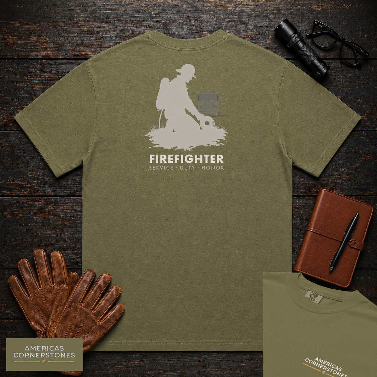 Firefighter embroidered t-shirt in Hemp, Hose Roll (Male)