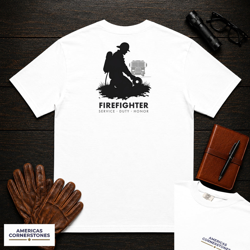 Firefighter embroidered t-shirt in White, Hose Roll (Male)