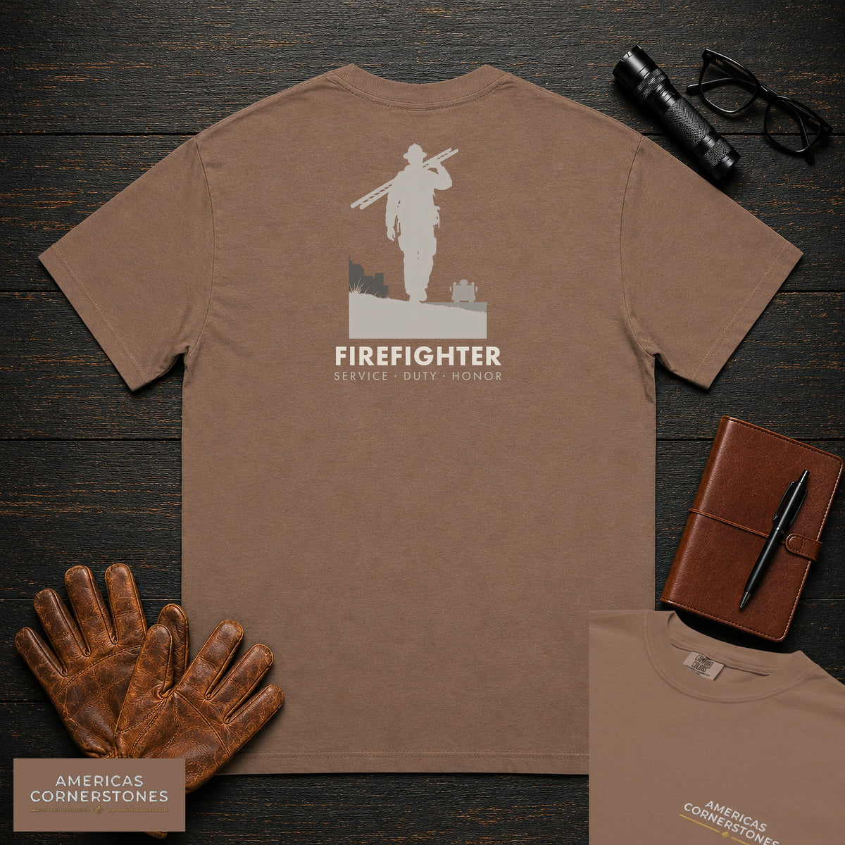 Firefighter embroidered t-shirt in Espresso, Ladder Carry (Male)