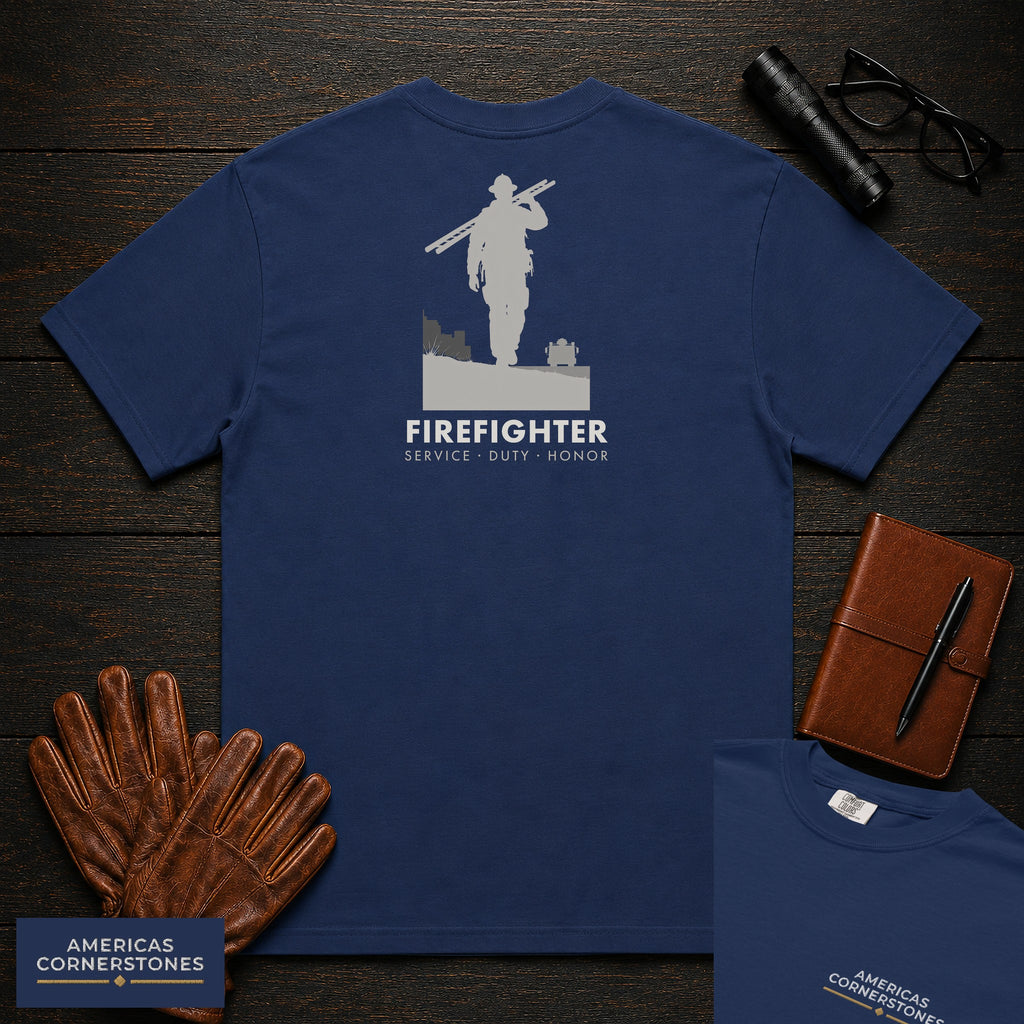 Firefighter embroidered t-shirt in True Navy, Ladder Carry (Male)