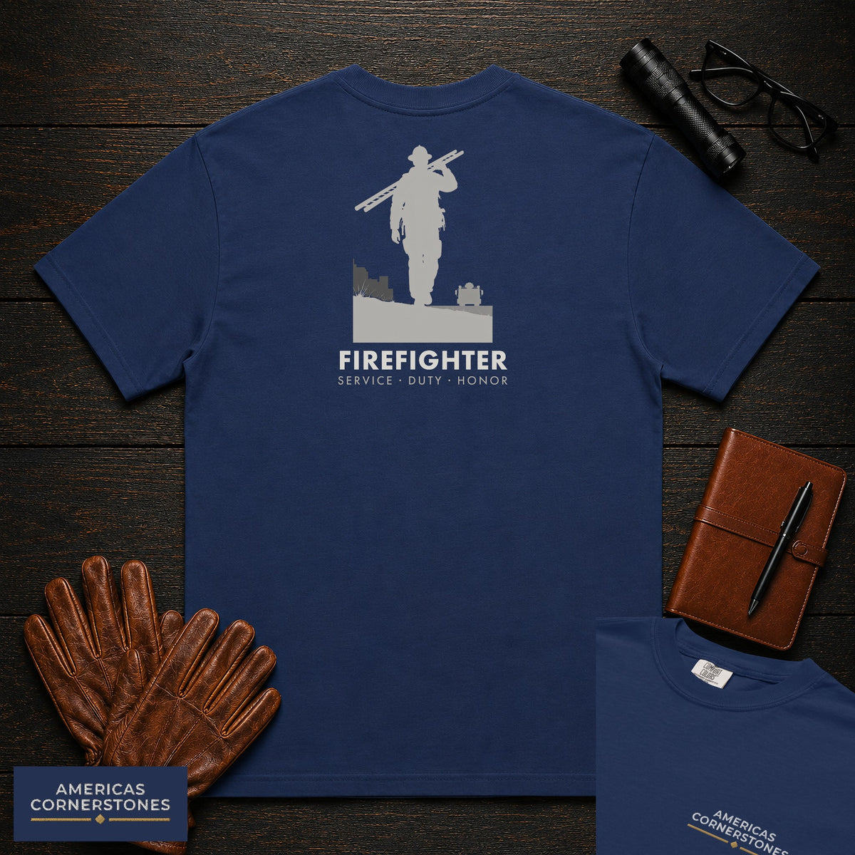 Firefighter embroidered t-shirt in True Navy, Ladder Carry (Male)