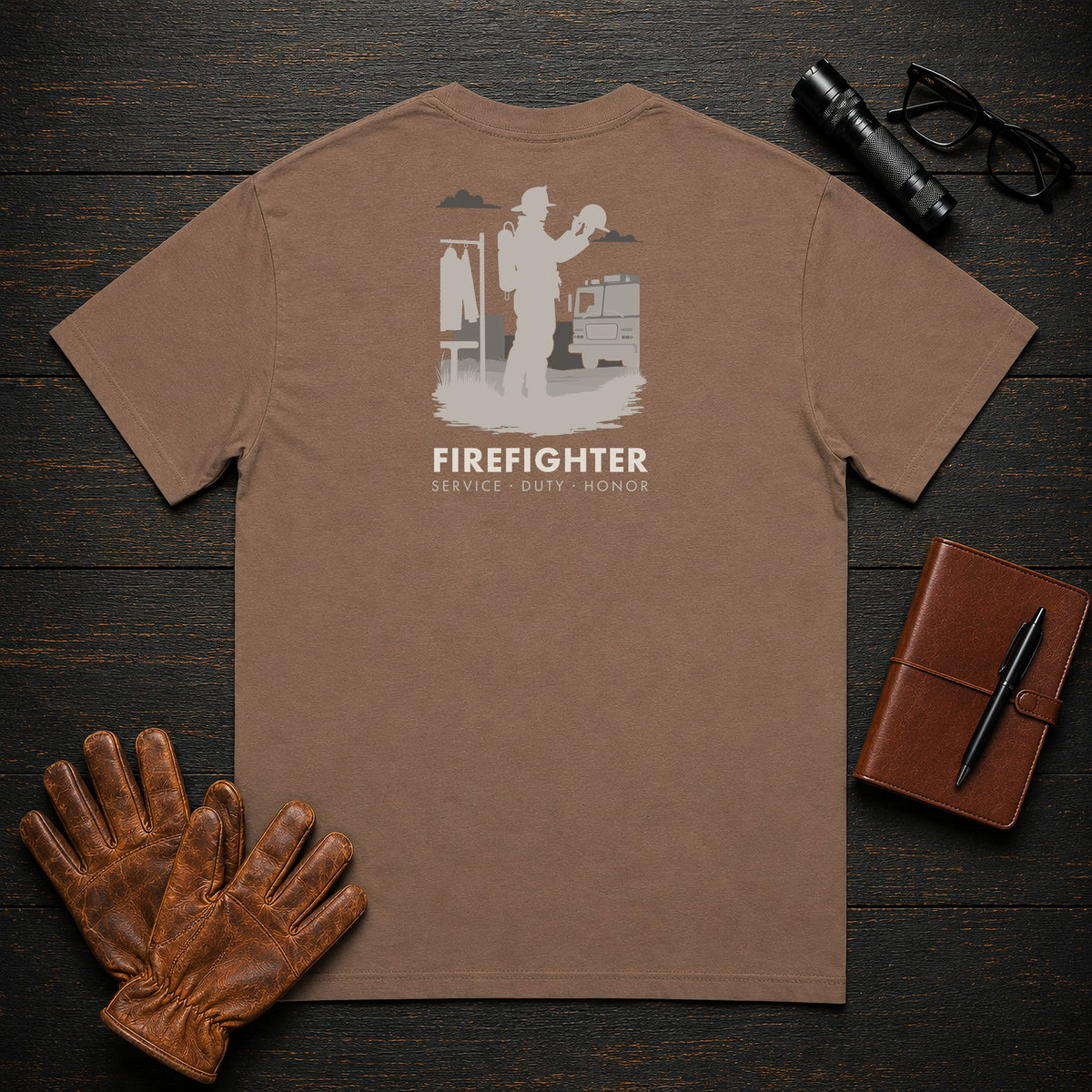 Firefighter t-shirt in Espresso, Helmet Check (Female)