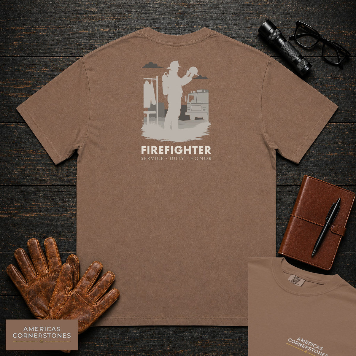 Firefighter embroidered t-shirt in Espresso, Helmet Check (Female)