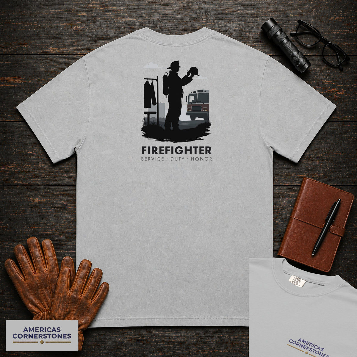 Firefighter embroidered t-shirt in Granite, Helmet Check (Female)