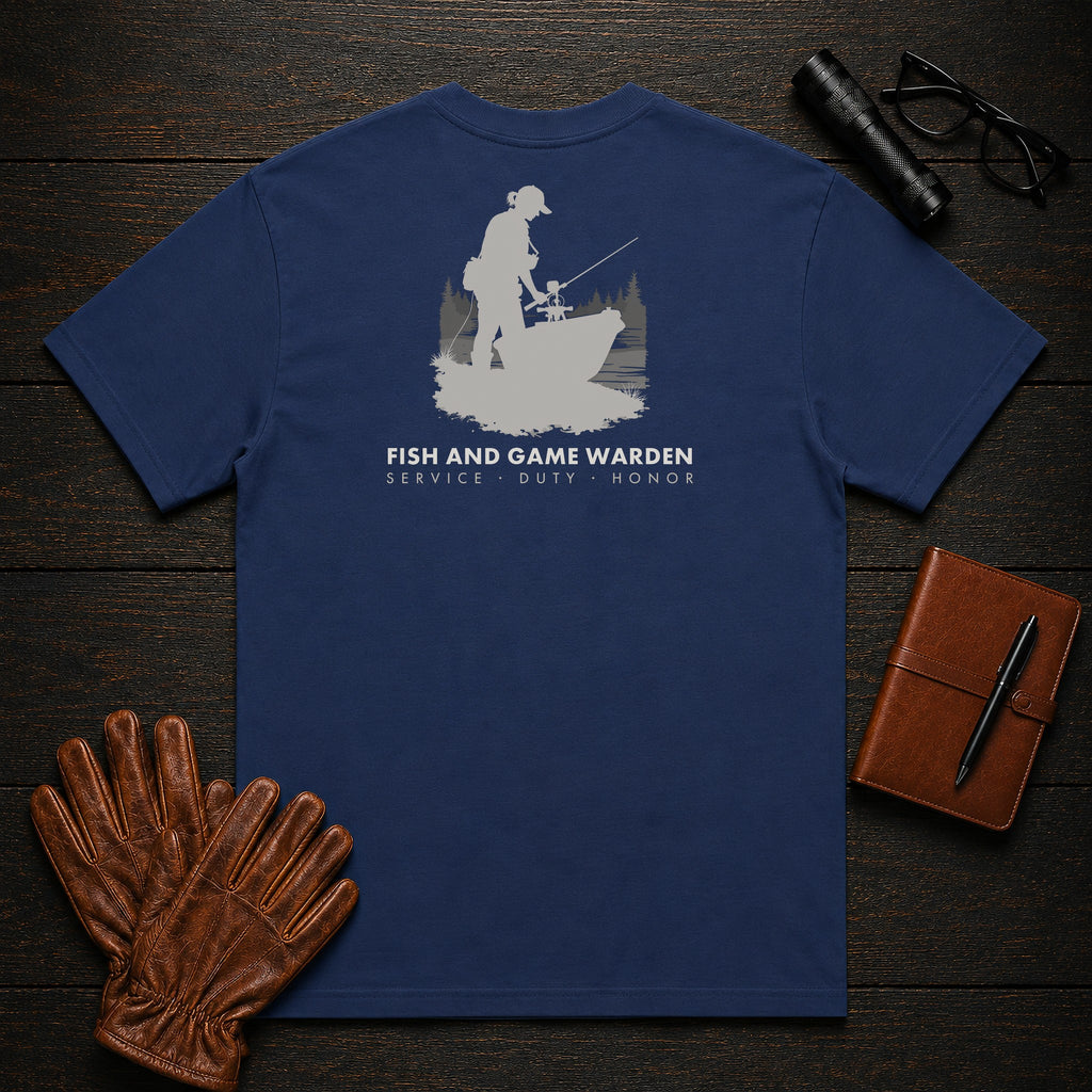Fish and Game Warden T-Shirt | Standard Back Print | Boat Patrol (Female) — True Navy