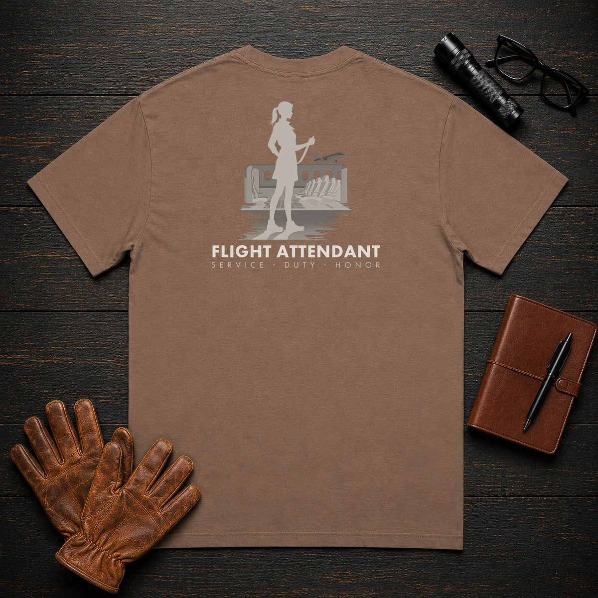 Flight Attendant T-Shirt | Standard Back Print | Safety Demonstration (Female) — Espresso