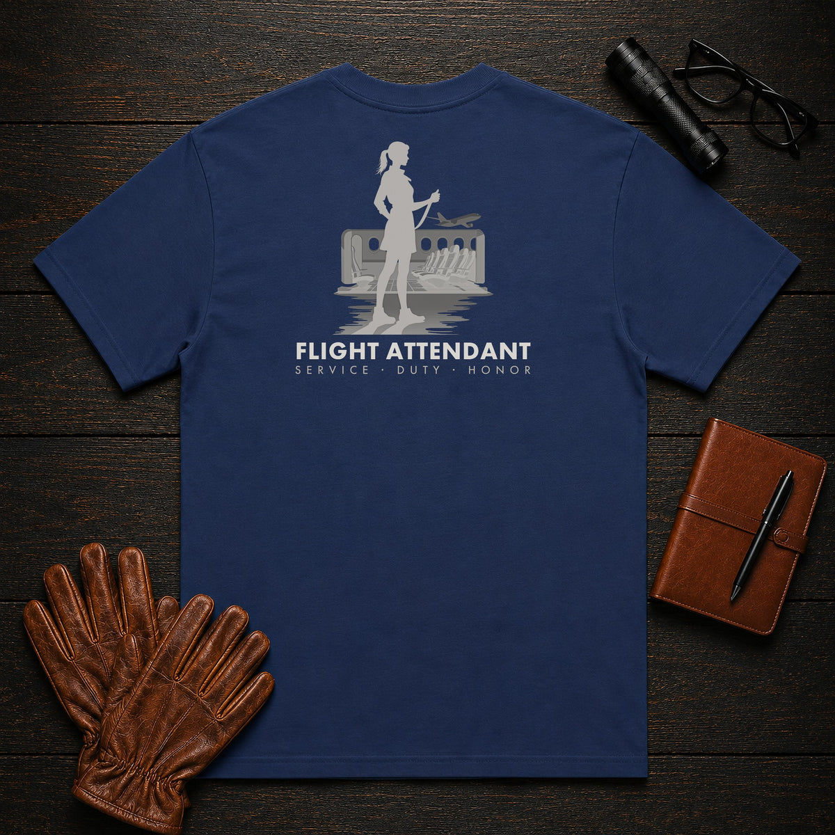 Flight Attendant T-Shirt | Standard Back Print | Safety Demonstration (Female) — True Navy