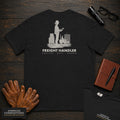 Freight Handler T-Shirt | Statement Embroidered Front + Back Print | Checking Labels (Female) — Black