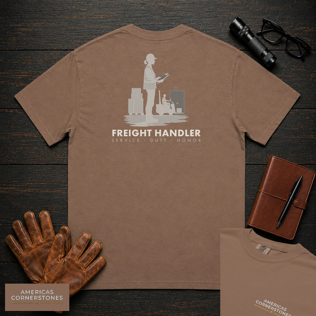 Freight Handler T-Shirt | Statement Embroidered Front + Back Print | Checking Labels (Female) — Espresso