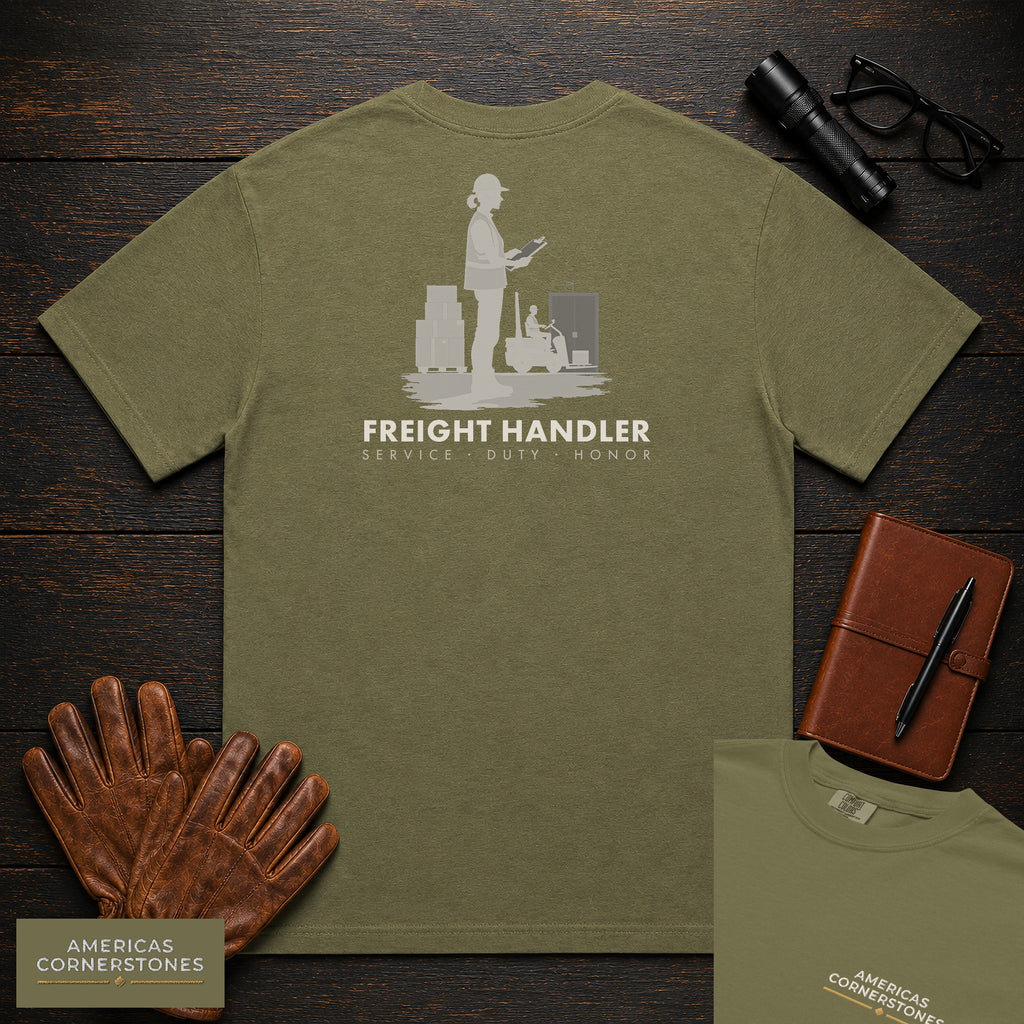 Freight Handler T-Shirt | Statement Embroidered Front + Back Print | Checking Labels (Female) — Hemp