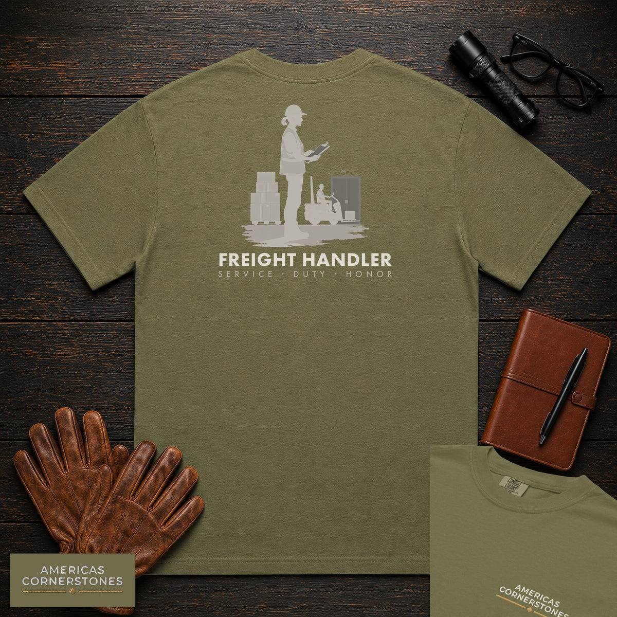 Freight Handler T-Shirt | Statement Embroidered Front + Back Print | Checking Labels (Female) — Hemp